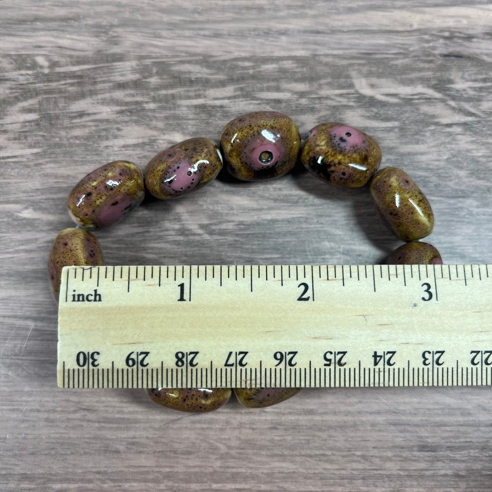 Artisan Ceramic Bead Stretch Bracelet 7 in Pink Mustard Speckled‎ Boho - Picture 6 of 7